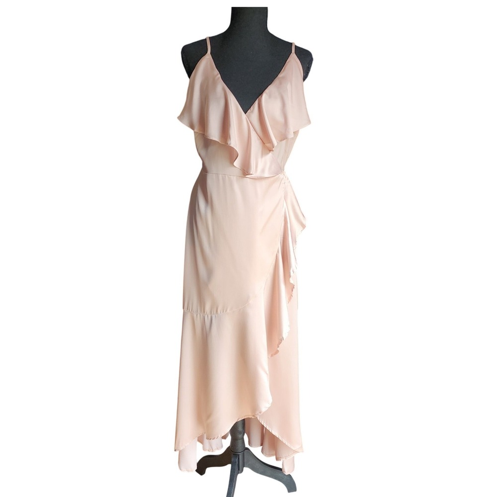 Mulla Womens Wrap Balletcore Dress Blush Pink Ruffle High Low Large